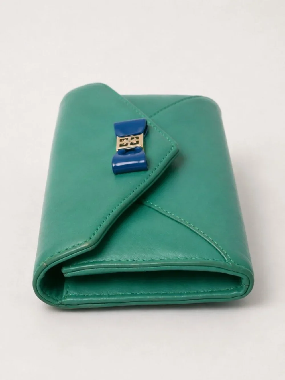 Tory Burch Green Leather Bow Continental Envelope Wallet Blue Enamel Bow